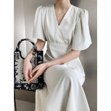 Chiffon Puff Sleeve Split Dress Green White Elegant Summer Women Maxi