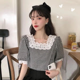 Women Plaid Mujer De Moda Korean Style Hipster Lace Fashion Sweet Preppy Students Simple Ropa Summer High Street