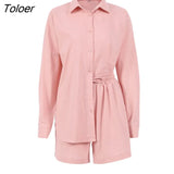 2022 Summer Casual Two Piece Set Blue Blouse Outfit Suits Women Green Shirt Top Cotton Wide Leg Shorts 2 Piece Sets