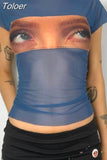 PROMOTION Summer Retro Aesthetics T-shirt Transparent Mesh Short Sexy Top Open Umbilical Gothic Funny Eye Picture
