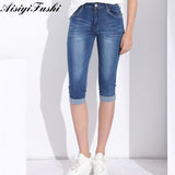 Women'S Pants High Waist Jeans Plus Size Feminino Pants Capri Leggings Women Plus Size Capris Jeans Stretch Denim Knee