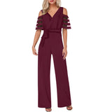 Women Sexy Off The Shoulder Wide Leg Jumpsuit Summer V Neck Loose Jumpsuits Elegant Office Lady Belt Vetidos Mujer