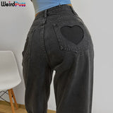 Puss Women Chic Heart Shaped Y2K High Waist Gradient Jeans baggy Harajuku Straight pants Vintage Denim Streetwear