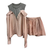 Loose Two Piece Set For Women Round Neck Long Sleeve Off Shoulder Shirt High Waist Shorts Female Sets Fashion
