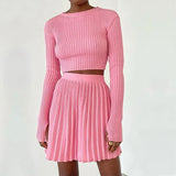 Suit With Skirt Women Solid 2022 Spring Mini Pleated Skirt And Long Sleeve Slim Crop Pullover Lady 2 Pieces Sets