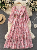 Women Chiffon Floral Dress Korean V Neck Short Sleeve Belt A-line Dress Summer Boho Print Ruffles Beach Midi