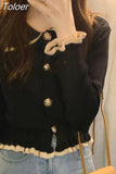 Korean Cropped Cardigan Y2K Fashion Sweaters Woman Sweater Ruffles Black White Cute Tops Fall 2023 Women