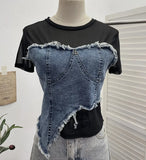 Solid Shooting Denim Splicing Mesh Yarn Short-Sleeved T-Shirt Summer Dress Irregularly Short High-Waist Repair Body Coat