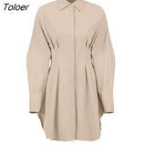 Autumn Winter Bodycon Dress Women Khaki Long Sleeve Pleated Shirt Dress Office Ladies Solid Lapel Casual Mini