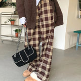 Waist Women's Brown Plaid Pants Streetwear Oversize Wide Leg Checkered Trousers Woman 2023 Loose Y2K Retro Sweatpants