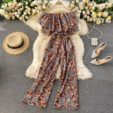Women Jumpsuit Rompers Summer Casual Floral Print Off Shoulder Ruffles Lace-up Sashes Wide Leg Holidays Loose