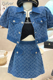 Summer New Street Fashion Women's Suit With Skirt Denim Short Sleeve Top Sweet Girl Female Blue Plaid Skirt 2 Piece