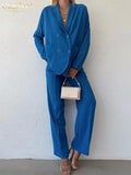 Casual Loose Blue Trousers Suits Fashion Long Sleeve Blazer With High Waist Straight Pants 2 Piece Sets Womens