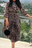 Leopard Print Turtleneck Mature Elegant Skater Dress with