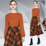 Winter Runway Fashion 2 Piece Set Women O-Neck Knitted Pullover Sweater + Vintage Plaid Wollen Big Swing Midi Skirt