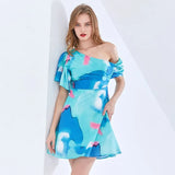 Asymmetrical Print Color Block Mini Dress For Women Skew Collar Short Sleeve High Waist Sexy Slim Dress Female