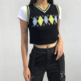Argyle Plaid Knitted Sweater Vest Women Streetwear Preppy Style Vintage Striped Clothing V Neck Tank Top Y2K