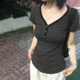 BM Style Babes V-Neck T-Shirt Women's Striped Three-Spring Short-Sleeved Slimmed Thread New