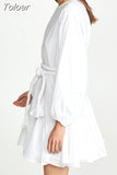 Casual Print Dress For Women O Neck Long Lantern Sleeve Bandage Bow High Waist A Line Dress Female Fashion New 2023