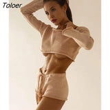 Toloer Knit Stripe Crop Top Shorts Suits Women Long Sleeves Top Drawstring Shorts 2 Two Piece Set Sweater 2023 Beach Holiday 102-1-Outfit