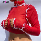 Spring Turtleneck T-Shirts Ruffles Crop Tops Solid Ruched Mesh Women Elastic Slim Long Sleeve Tees Female Outfits