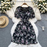 Summer Vintage Women Pleated Chiffon Dress Elegant Floral V-Neck Short Sleeve High Waist Draped A-Line Vestidos Female New