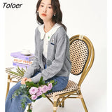 Women Shirts 2022 Autumn Long Sleeve Petal Collar Heart Shape Button Blouse with Detachable Pin White Purple Cute