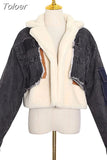 Patchwork Denim Jacket Women Long Sleeve lambswool Coat Tops Female Fashion Clothes Casual 2023 Winter