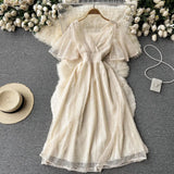 Women French Lace Dress Short Sleeve V Neck Elastic Ruched A-line Dresses 2022 Summer Elegant Streetwear Midi