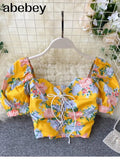 Short Blouses Women Fashion Sexy Bandage Crop Top Summer Vintage Gothic Shirt Ladies Flower Print Top