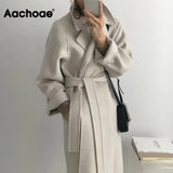 Aachoae Women Elegant Long Wool Coat With Belt Solid Color Long Sleeve Chic Outerwear Ladies Drop Shoulder Overcoat