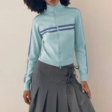 Ribbed Stripe Zipper Pullover Jacket-Outfit
