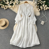 Embroidary Single Breasted Solid Dress 2022 Hollow Out Slim O Neck Long Sleeves Ladies A Line Summer Long