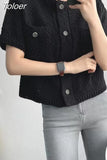Korean Cardigan Women Clothing Short Sleeve Single Breasted Sweater O Neck Knit Black Tops 2023 Fashion White Coat