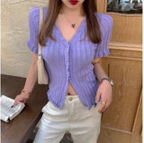 Graduation party French Retro Young Style Cardigans Ruched T Shirt Split Crop Top Women Knit Rib Summer Streetwear Fitness