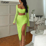 Sexy Pearl Skirt Sets Women 2023 Flare Sleeve Crop Tops and Long Split Skirts Lady Suits Party Clubwear 2 Piece Set