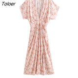 2023 Summer Floral Printed Split Sexy Maxi Dress Deep V Neck Short Sleeve Vintage Vestidos Casual Clothes Women