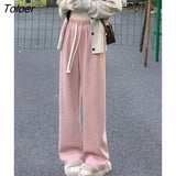 Winter New Cashmere Thickened Wide Leg Pants Women High Waist Chic Straight Long Pants Woman Apricot Pink Trousers