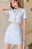 New Tweed Sets 2 Piece Set Women Skirt Suit Fashion Sexy Short Sleeve Single-Breasted Crop Top + Mini Skirt Sets