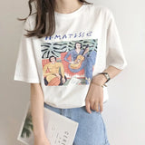 Oil Painting Print T-shirt Women Short Sleeve Loose 100% Cotton Shirt 2021 Female Basic Tops Summer Ladies Tees