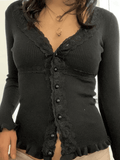Front Buttons Lace Panel Knit Top-Outfit