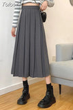 Vintage Brown Pleated Long Skirts Women Korean Fashion High Waist Chic Elegant A-line Midi Skirt for Girls Preppy