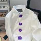 White Blouses for Women Knitted Floral Button Shirts French Style 2023 Long Sleeve Casual Spring Sweet Top Asian
