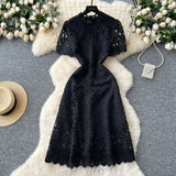 Squeer Hook Lace Dress Female French Waist Thin Temperament Short-Sleeved Long Dress 2025