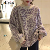 Leopard Sweater Female Autumn Plus Size Batwing Sleeve Oversize Loose Thick Warm Women Winter Knitting Sweater
