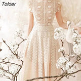 New Spring Woman Dress Beige Lace O-neck Casual High Waist Mesh Maxi Dresses Female Vestido Runway Design