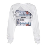 Graduation party Gothic Two Pieces Sets Skinny Black O Neck Long Sleeve Women Crop Tops White T-Shirts With Print Camisole