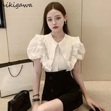 Puff Sleeve Blouse Women Sweet Peter Pan Collar White Shirts Fashion White Korean Y2k Tops 2023 Blusas Muer De