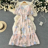 Women Summer Pleated Print Dress 2022 Vacation Ruffle Floarl Gentle Short Sleeves Ladies Slim A Line Long Dresses