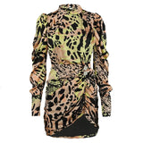 TWOTWINSTYLE Leopard Dress For Women Turtleneck Puff Long Sleeve High Waist Ruched Print Dresses Female 2022 Autumn Fashion